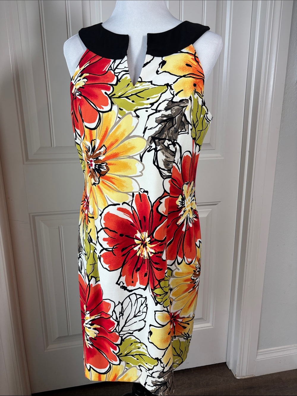 Kim Rogers Floral Keyhole Neck Shift Dress Sz 12 Black Orange Yellow